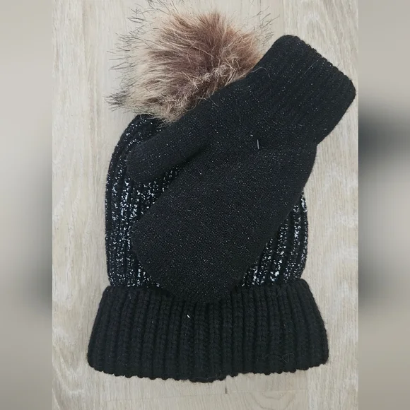 Cozy Sparkle Black Knit Pom-Pom Beanie for - Picture 2 of 2